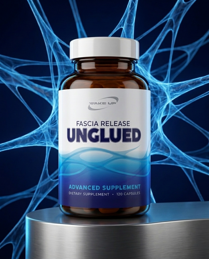UNGLUED Fascia Release — amber bottle with white cap on a brushed-steel pedestal inside a blue fascia web