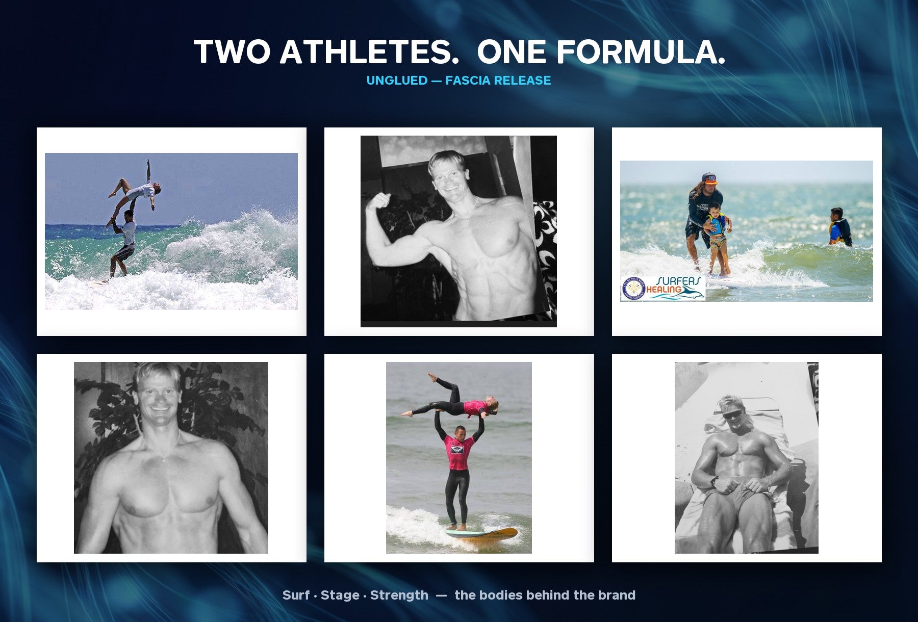 Two athletes — Caleb's tandem surfing and Surfers Healing, Steven's bodybuilding years